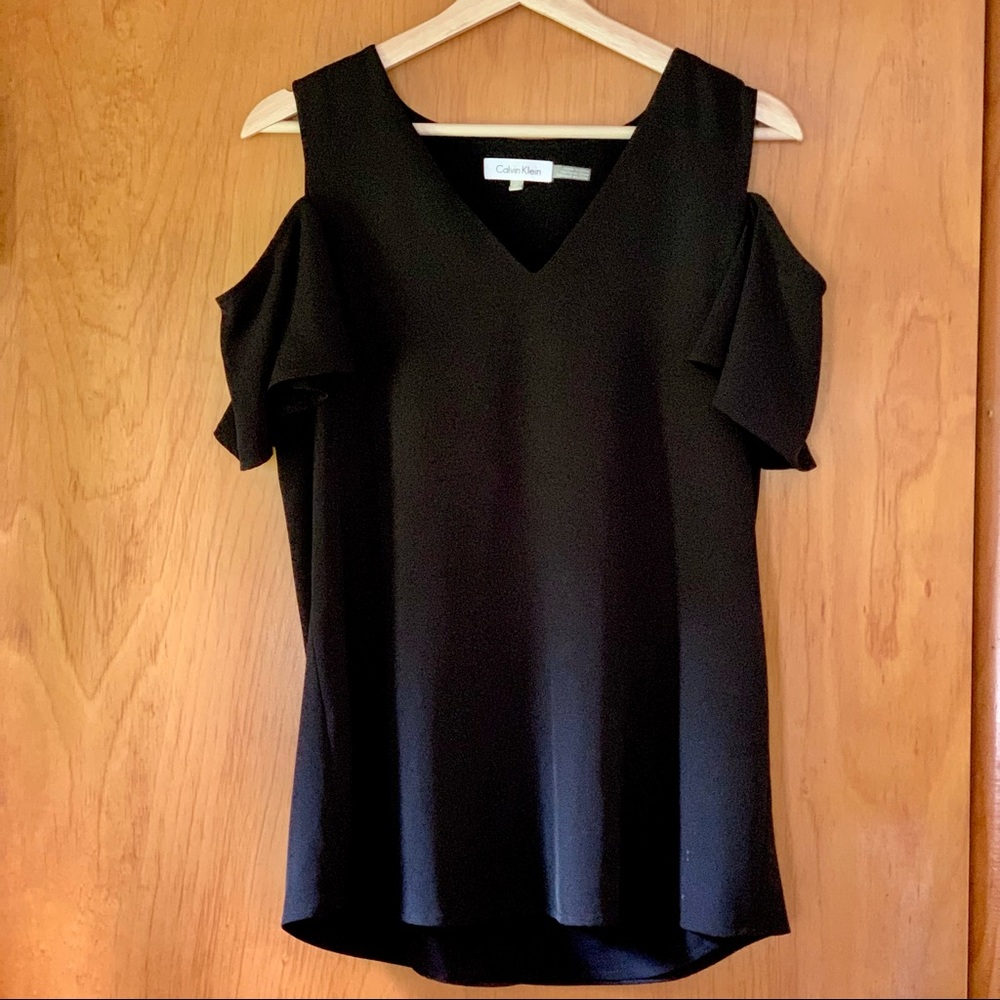 Calvin Klein Cold Shoulder Black V-neck Blouse